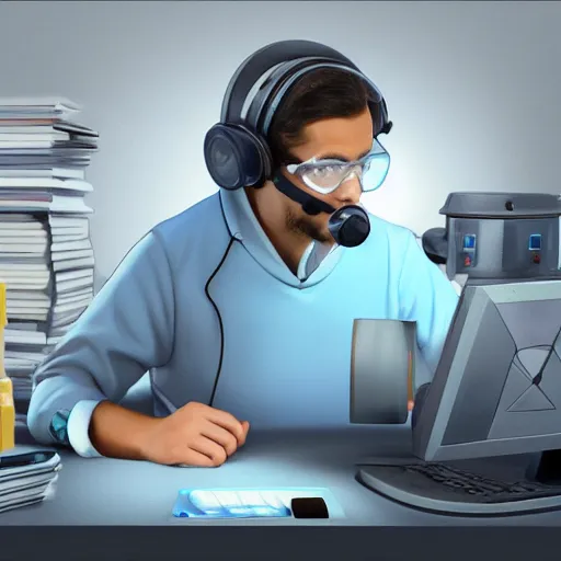 Image similar to An anthropomorphic grey dolphin dressed as a chemist playing games on a computer, digital painting, close-up, wearing a headset