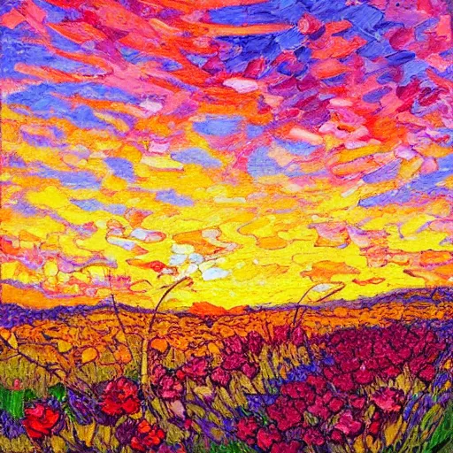 Image similar to a painting of a sunset over a field of flowers, an oil painting by erin hanson, deviantart, american impressionism, rich color palette, impressionism, fauvism