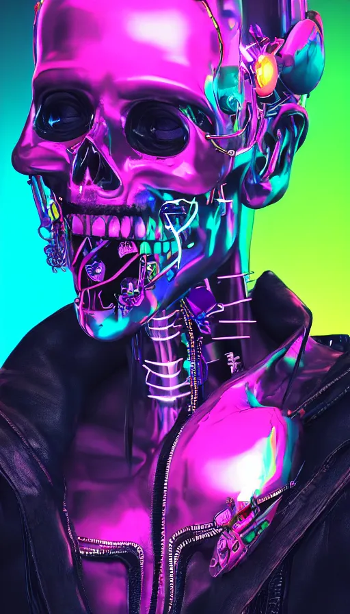 Prompt: a colorful skull with a cross on it's forehead, cyberpunk art by stanley twardowicz, cgsociety, computer art, neon, wallpaper, glowing neon, a woman wearing a silver dress and a silver mask, cyberpunk art by zhou fang, cgsociety, computer art, daz 3 d, zbrush, rendered in maya