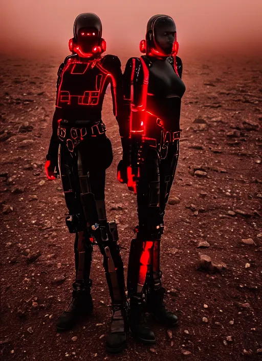 Image similar to cinestill 5 0 d photographic portrait of two loving ostentatious female androids wearing rugged black techwear on a desolate plain with a red sky, extreme closeup, cyberpunk style, garters, dust storm, 8 k, hd, high resolution, 3 5 mm, f / 3 2, ultra realistic faces, ex machina