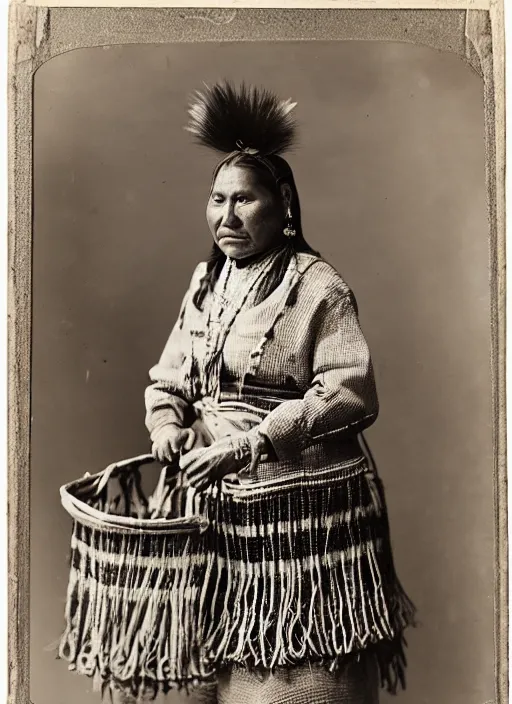 Image similar to Antique portrait of a Navajo woman dressed in traditional attire, posing in front of baskets she weaved, albumen silver print, Smithsonian American Art Museum