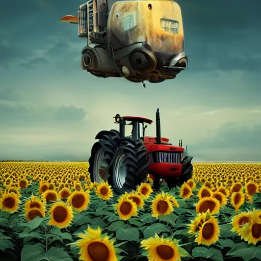 Prompt: cute tractor on sunflower field cyberpunk art by mike winkelmann, trending on cgsociety, retrofuturism, reimagined by industrial light and magic, darksynth, sci - fi