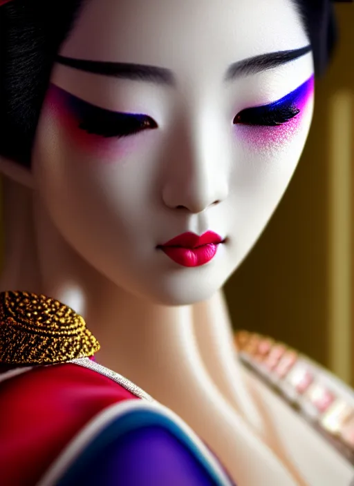 Prompt: Geisha extreme closeup photo portrait, beautiful makeup, pearlescent skin, elegant pose, highly detailed kimono, photorealism, artstation, different point of view, sharp focus, photorealistic, soft diffuse lights, canon 5D 50 mm lens, zen natural background, def of field