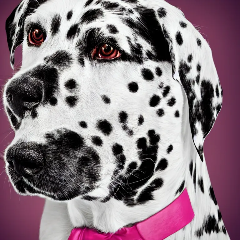 Image similar to vogue photoshoot octane render of dalmatian dog with white background, focus bright colorful pastel exotic vintage boutique hotel lounge, very short depth of field, bokeh