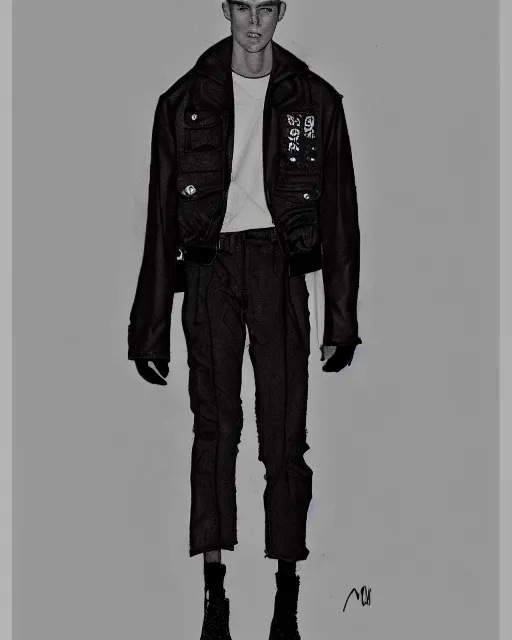 Image similar to rough marker sketch of a male model wearing a cropped baggy menswear moto jacket by alexander mcqueen, 4 k, astonishing detail, studio lighting, wide angle lens