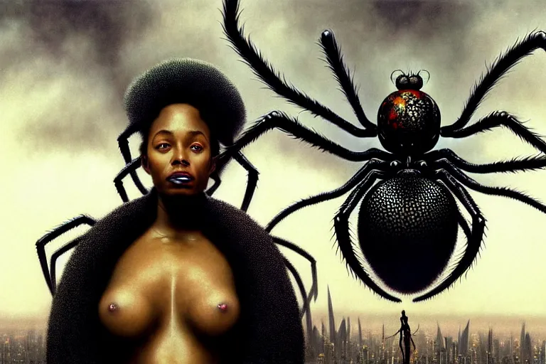 Image similar to realistic detailed photorealistic portrait movie shot of a beautiful black woman with a giant spider, dystopian city landscape background by denis villeneuve, amano, yves tanguy, alphonse mucha, ernst haeckel, david lynch, edward robert hughes, roger dean, cyber necklace, rich moody colours, cyber patterns, wide angle