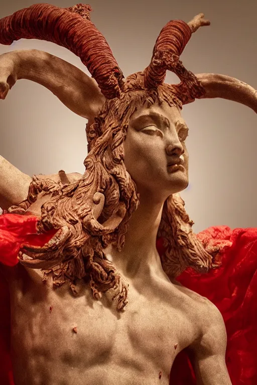 Image similar to a cinematic view of a ornated holy sacred faun statue using a old red silk veil made by hedi xandt, chris haas and bernini, realistic, macabre art, detailed image, photorealistic, volummetric light