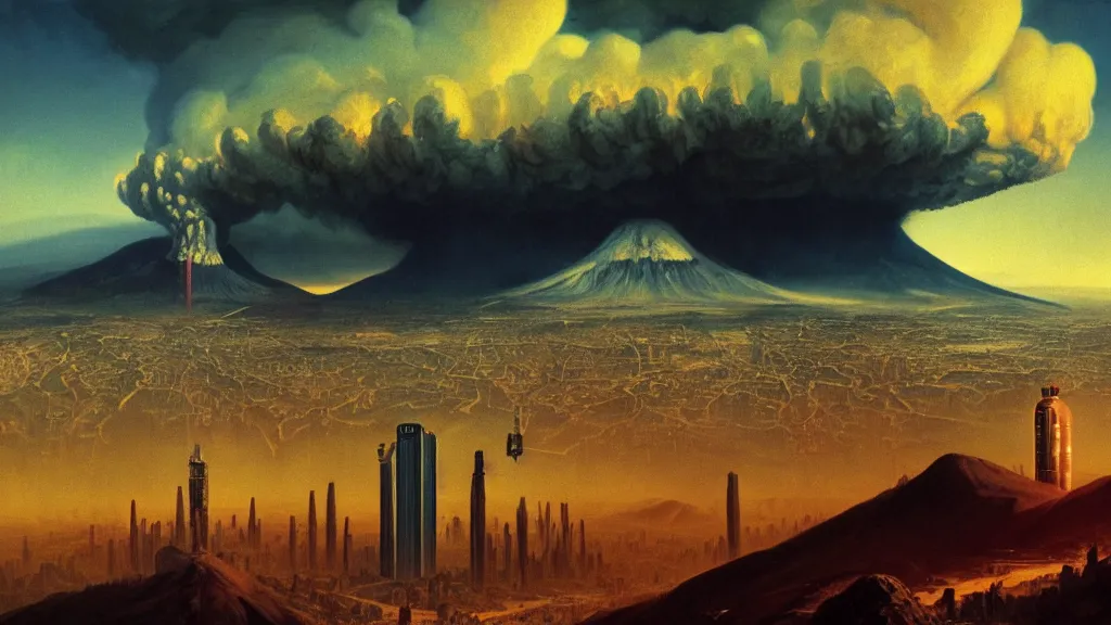Prompt: Nuclear Fallout towering over the town of Quito by Simon Stålenhag and J.M.W. Turner, oil on canvas; Art Direction by Adam Adamowicz; 4K, 8K Ultra-Realistic Depth Shading