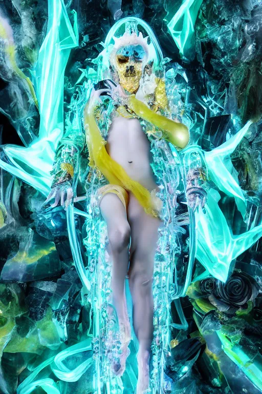 Image similar to photo of fullbody rococo and cyberpunk delicate neon crystalline sculpture of seductive muscular onyx albino marble prince joe jonas teal iridescent humanoid deity wearing yellow plastic hooded cloak holding an onyx skull in a onyx space dungeon, reclining, glowing yellow face, crown of white diamonds, cinematic lighting, photorealistic, octane render 8 k depth of field 3 d