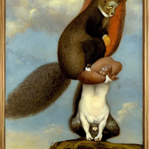 Image similar to a giant squirrel carrying napoleon bonaparte, courbet