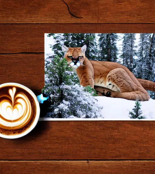 Image similar to ripped up postcard showing 'a cougar sleeping in the middle of snowy pine tree' laying on coffee table, zoomed out shot, HD, iphone capture