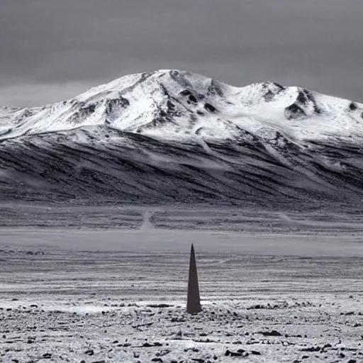 Image similar to a artic desert with snow capped mountains and a floating obelisk. overcast sky, grainy, snowing.