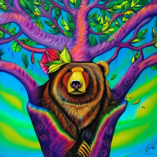 Image similar to a painting of a bear in a tree, an airbrush painting by lisa frank, trending on deviantart, psychedelic art, detailed painting, airbrush art, acrylic art