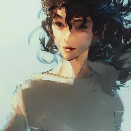 Image similar to a beautiful girl with short curly brown hair in a ponytail, a pointy chin, smiling sweetly, dramatic lighting, illustration by Rossdraws, yoji shinkawa, 4k, digital art, concept art, trending on artstation