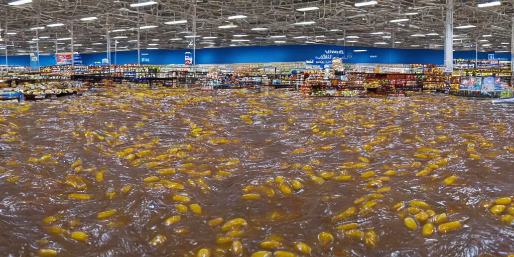 Image similar to the inside of a walmart submerged in baked beans