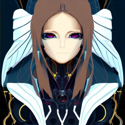 Image similar to gorgeous small female android cyborg - angel large angelic wings, left eye gold and right eye silver, cyberpunk - anime character - concept art