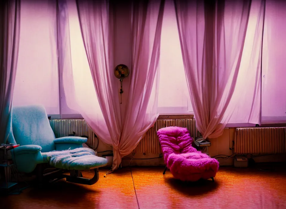 Prompt: telephoto 7 0 mm f / 2. 8 iso 2 0 0 photograph depicting the feeling of chrysalism in a cosy cluttered french sci - fi ( art nouveau ) cyberpunk apartment in a pastel dreamstate art cinema style. ( apartment, computer screens, window ( city ), fish tank, lamp ( ( ( armchair ) ) ) ), ambient light.