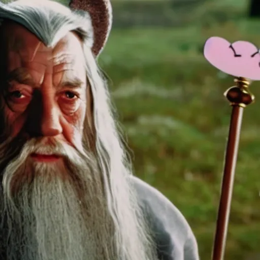 Image similar to portrait of gandalf, wearing a Hello Kitty bow, holding a blank playing card up to the camera, movie still from the lord of the rings