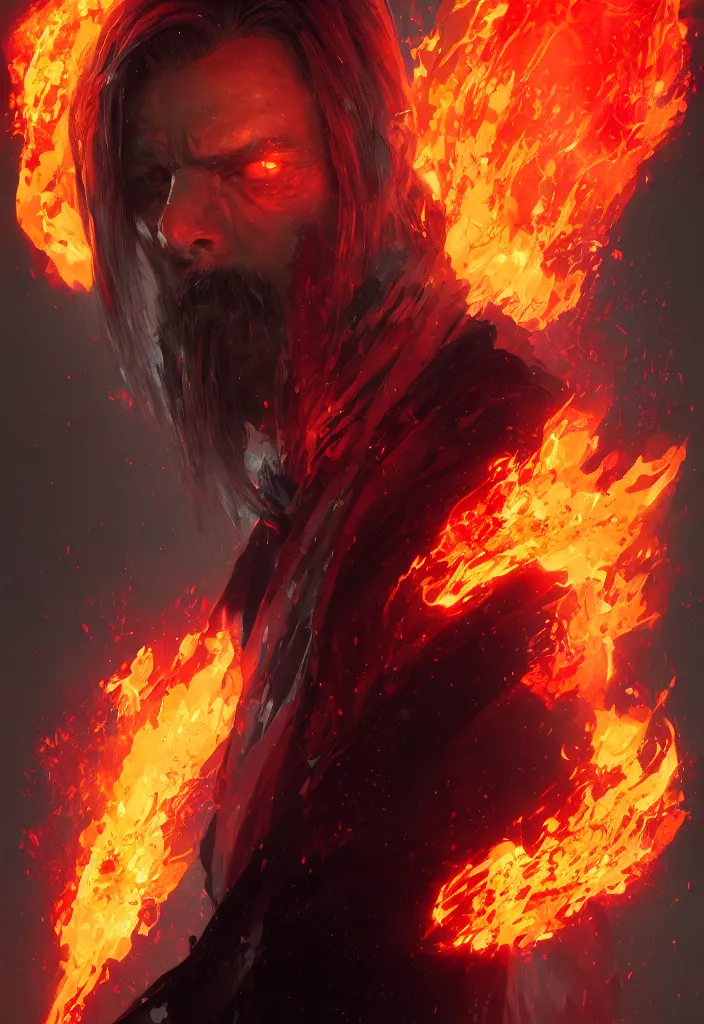 Image similar to a fancy portrait of a very mad mage covered in coloured flames by greg rutkowski, sung choi, mitchell mohrhauser, maciej kuciara, johnson ting, maxim verehin, peter konig, 8 k photorealistic, cinematic lighting, hd, high details,