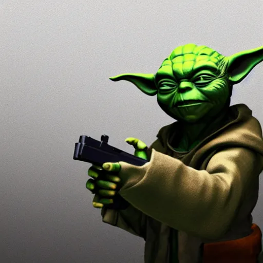 Image similar to an image of a yoda holding a glock, an ambient occlusion render by gatoken shunshi, pixiv, sots art, glitchy, hd mod, genderless