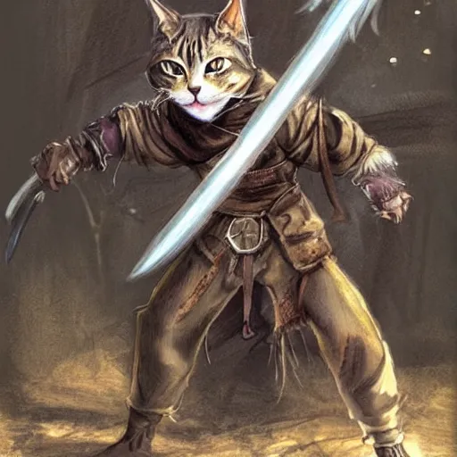 Image similar to humanoid homeless cat wielding a sword and wearing rags, d & d, fantasy, concept art