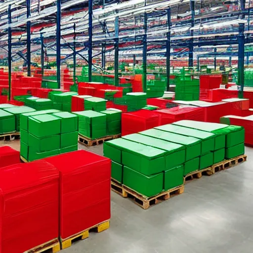 Image similar to a picture of a warehouse full of boxes with green patches on the top and red patches on the sides