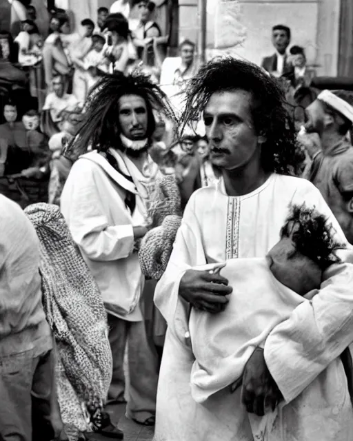 Image similar to Award winning reportage photo of Monegasque Natives with incredible hair wearing traditional garb by Garry Winogrand and Dian Arbus, 85mm ND 5, perfect lighting, gelatin silver process