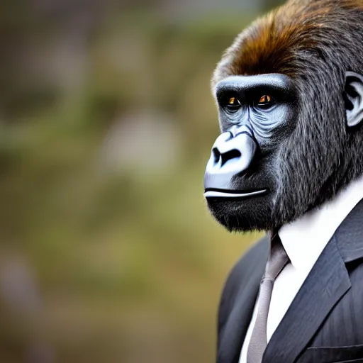 Prompt: gorilla wearing a suit and tie, ready for a meeting