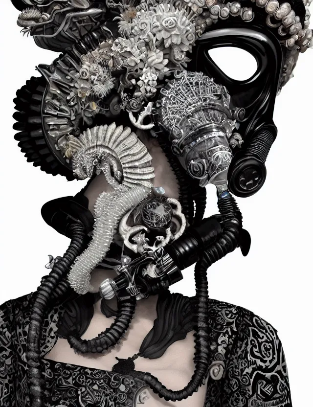 Image similar to 3 d goddess close - up profile punk portrait with vintage gas mask ram skull. beautiful intricately detailed japanese crow kitsune mask and clasical japanese kimono. betta fish, jellyfish phoenix, bio luminescent, plasma, ice, water, wind, creature, artwork by tooth wu and wlop and beeple and greg rutkowski