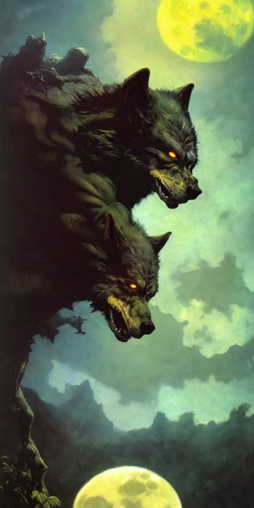 Prompt: by frazetta ,close up of werewolf realistic ,full body backlight ,top light ,full body portrait ,highly textured oil painting ,jungle ,cyan graveyard ,foggy background ,with dramatic sky ,clouds and giant oversized moon and storm