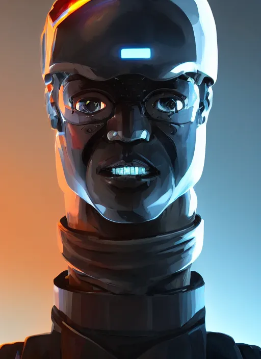 Image similar to bladerunner, cyberpunk, angled facial portrait of a bone ceramic caliente mech humanoid robot Spanish ninja with an attractive bald head and handsome features, large glowing eyes, macho, piroca, dotado, guapo, reflective surface, overwatch, trending on cgsociety, trending on artstation