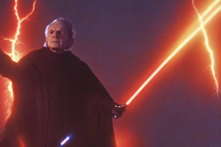 Image similar to (a cinematic still from return of the jedi!!), palpatine force lightning