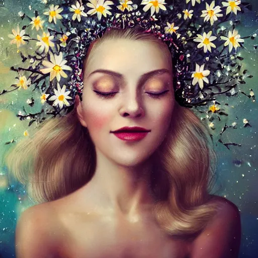 Prompt: close-up of a smiling beautiful female, blonde,, wearing a crown of daisies, beautiful happy face, ethereal, starry, space, magical atmosphere, maximalist, cinematic lighting, cinematic atmosphere, trending on artstation, cgsociety, 8k, high resolution, in the style of Faiza Maghni, David Ligare, Flora Borsi, Daniel Gerhartz, detailed intricate ink illustration, dark atmosphere, detailed illustration, hd, 4k, digital art, overdetailed art, concept art, by greg rutkowski, by loish, complementing colors, Trending on artstation, deviantart