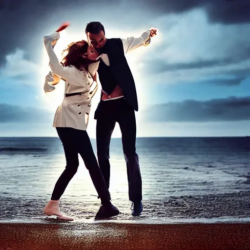 Image similar to realistic cropped photo of a man and woman, both wearing trenchcoats, dancing together on a beach during cloudy weather, at night, and it ’ s dark time