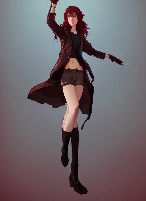 Image similar to pretty young woman with shoulder length shiny shimmering dark red hair and wearing worn leather jacket, concept art, t - pose, full body, path traced, highly detailed, high quality, digital painting, by studio ghibli and alphonse mucha, leesha hannigan, makoto shinkai, arcane