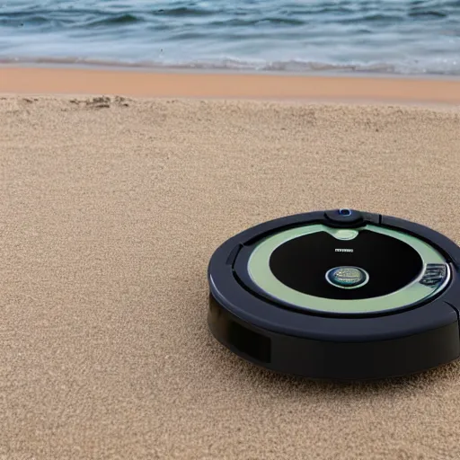 Prompt: roomba chilling on the beach, sunset