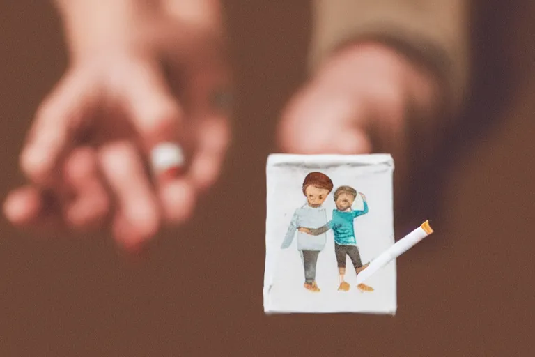 Image similar to photo of a cigarette pack with an illustration of a parent holding a child's hand, highly detailed, jornalistic, dramatic, 4 k, ultra reallistic