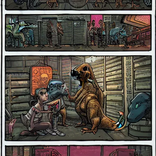 Prompt: intricate detailed comic panel illustration of cyborg punk street kids with a pet dinosaur in a warehouse rave, no speech bubbles, dystopian, cyberpunk, full-color