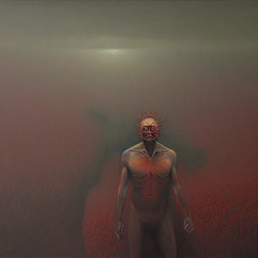 Image similar to elon musk as a zdzisław beksinski painting, dark, epic, scary
