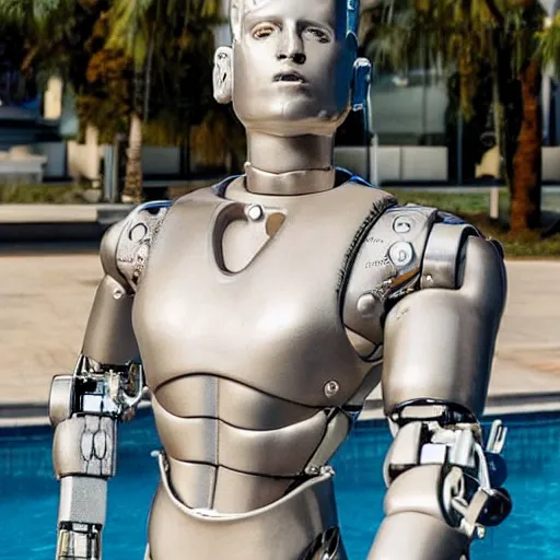 Image similar to a realistic detailed photo of a guy who is an attractive humanoid who is half robot and half humanoid, who is a male android, wrestler bo nickal, shiny skin, posing like a statue, blank stare, by the pool, on display, showing off his muscles, humanoid robot, frozen ice statue