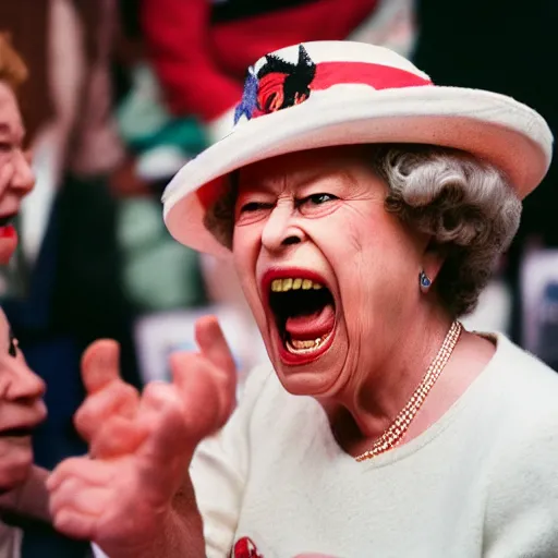 Image similar to elderly woman screaming at queen elizabeth ii as a 1 9 8 0 s wrestling action figure, canon eos r 3, f / 1. 4, iso 2 0 0, 1 / 1 6 0 s, 8 k, raw, unedited, symmetrical balance, wide angle