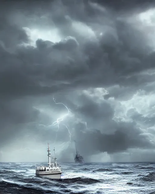 Image similar to establishing shot of a fishing boat on stormy seas, a gigantic star destroyer spaceship in the storm clouds flying overhead, star destroyer spaceship is emerging from storm clouds, stormy weather, dramatic lighting, unreal engine, hyper realism, realistic shading, cinematic composition, realistic render, octane render, detailed textures, photorealistic, ultrawide shot, 16mm lens