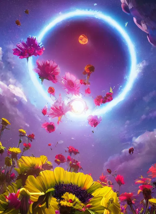 Image similar to An epic fantastic realism comic book style painting of the most beautiful flowers launched into space, bouquets, solar eclipse, fisheye, unreal 5, DAZ, hyperrealistic, octane render, dynamic lighting