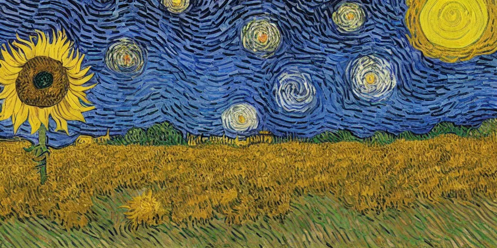 Image similar to monster standing in a field with colorful sunflowers during a starry night by Vincent van Gogh