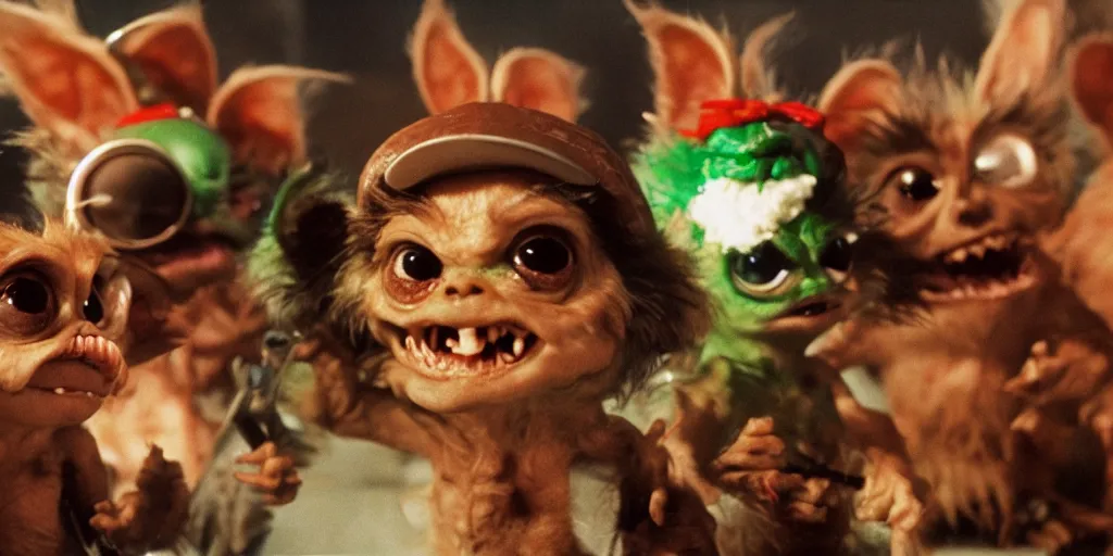 Image similar to gremlins movie, the gremlins are high and eating meatballs, trending on Artstation, 8K, ultra wide angle, pincushion lens effect.