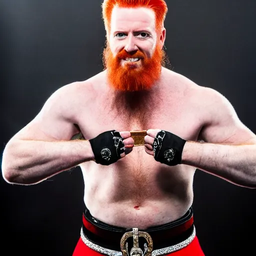 Prompt: Sheamus posing with his champion belt for a magazine photo