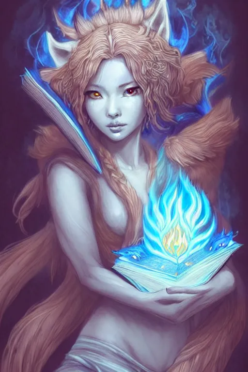 Prompt: gorgeous!!! hyper - realstic kitsune sorceress, holding a tattered magical book, casting a flame spell, blue flames, surrounded by tiny spirits, tribal face markings | drawn by wlop, drawn by jeehyung lee, drawn by artgerm | fantasy, dark, intricate, highly detailed, digital painting, character design, concept art, illustration, artstation
