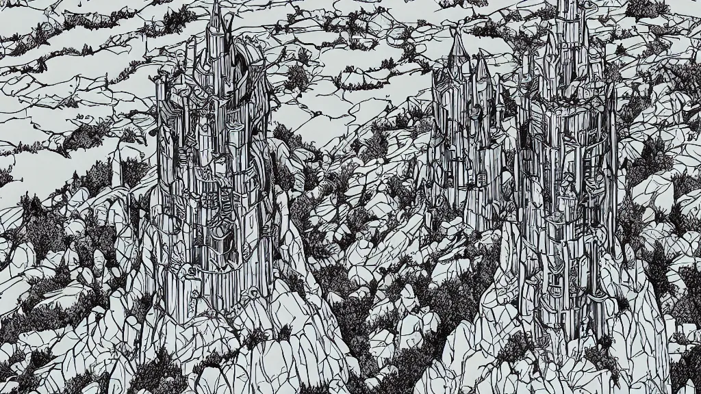 Image similar to aerial view of wizard tower surrounded by mountains, lineart, colored