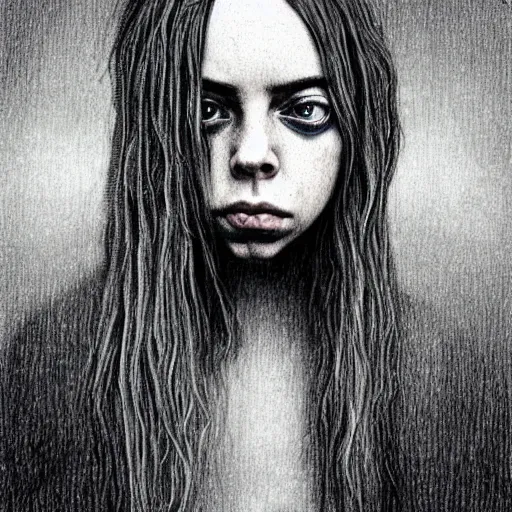 Prompt: grunge drawing of billie eilish by - Zdzisław Beksiński , pixel art style, horror themed, detailed, elegant, intricate