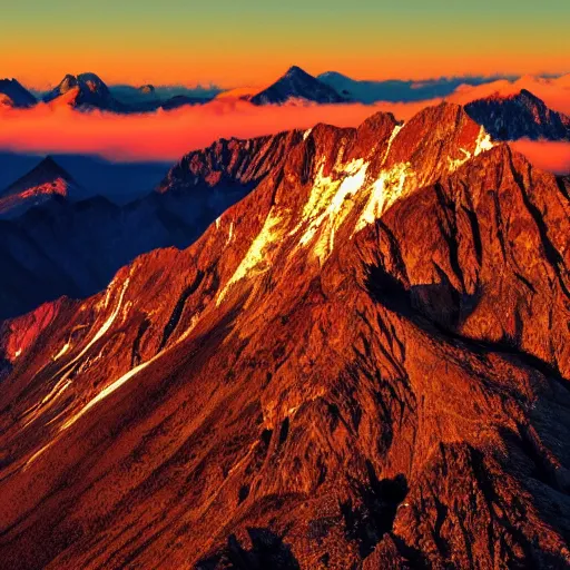 Image similar to an amazing photograph of a mountain range, the setting sun is shining on the peaks of the mountains